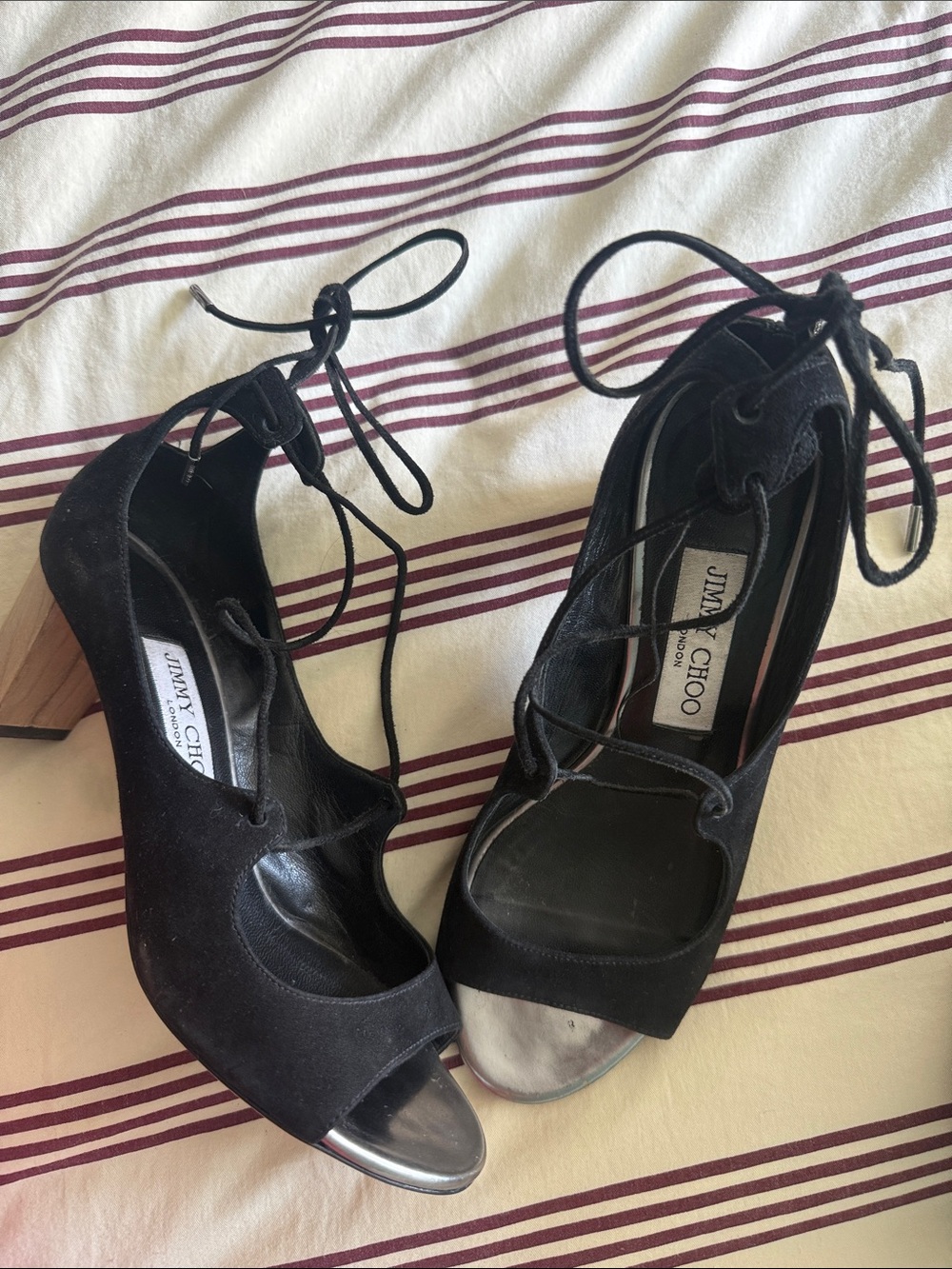 Jimmy Choo Black Suede Lace-Up Peep-Toe Heels with Wood Block Heel
